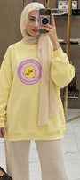 Kadın Oversize Sweatshirt Elbise Dangerous Chick Baskılı Sarı – Uzun Boy, 3 İplik Şardonlu Polar