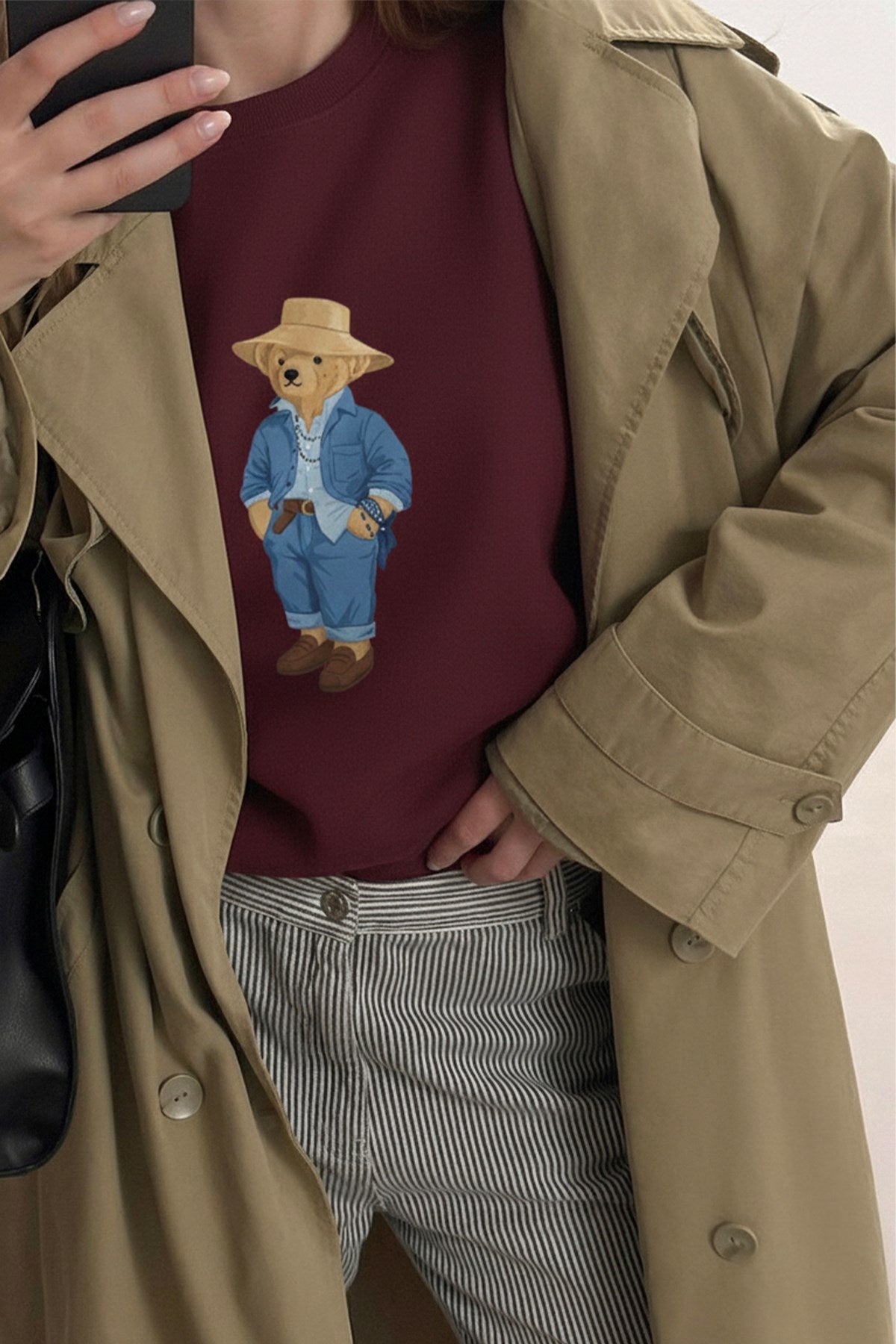 Kadın Oversize Sweatshirt Ranch Bear Baskılı Bordo – Bisiklet Yaka, 3 İplik Şardonlu Polar