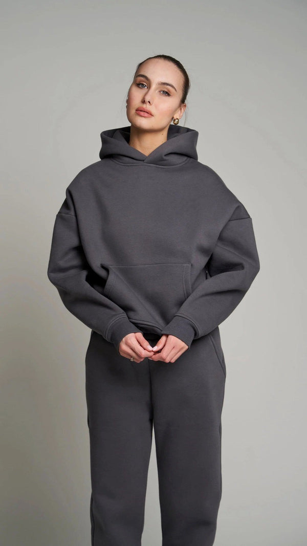 Kapüşonlu İçi Polar Füme Unisex Oversize Hoodie Sweatshirt