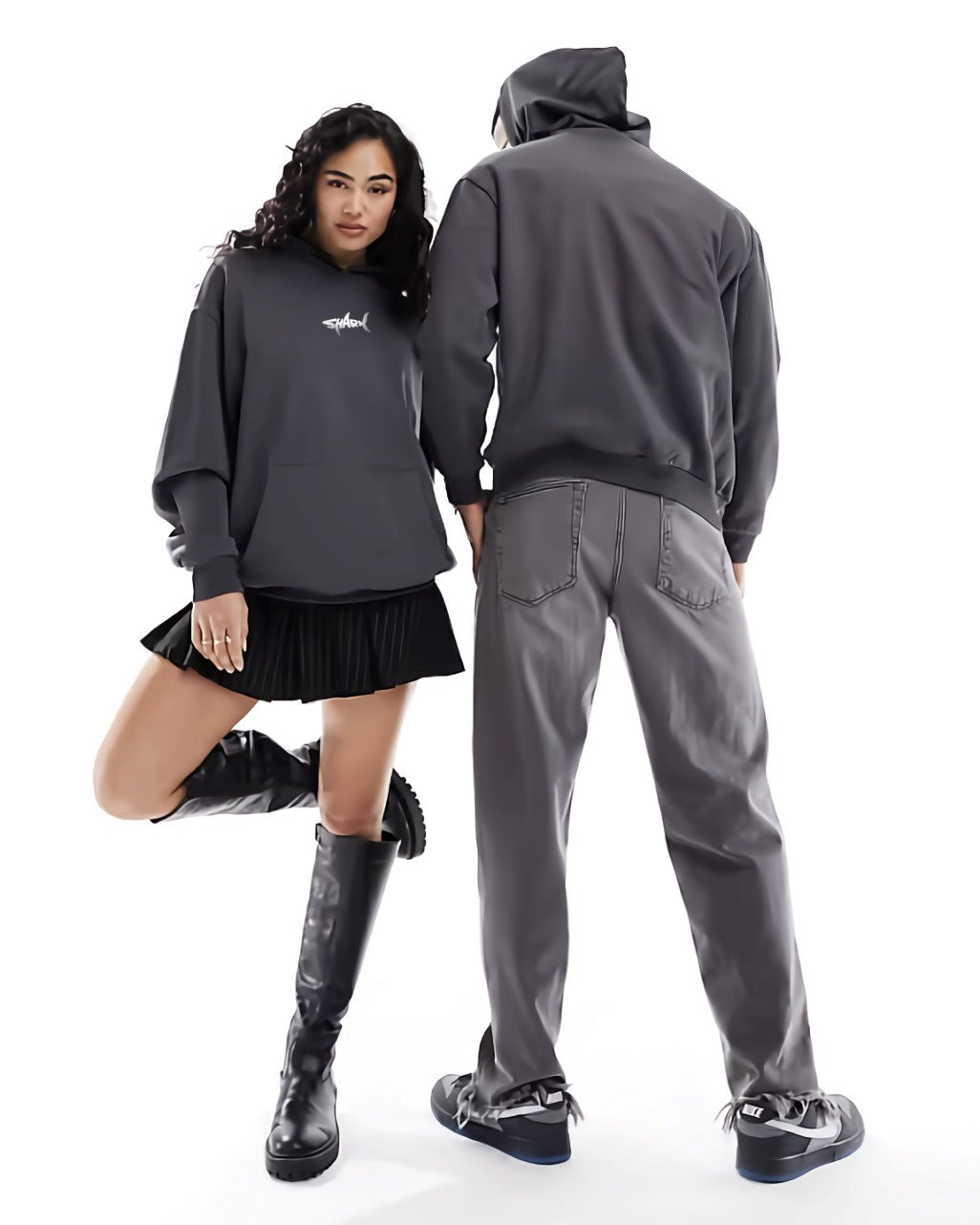 Kapüşonlu İçi Polar Shark Baskılı Füme Oversize Hoodie Sweatshirt