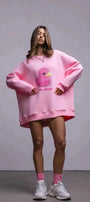 Kadın Beyaz Bisiklet Yaka Sweatshirt – Pembe Ördek Baskılı 3 İplik Şardonlu Oversize