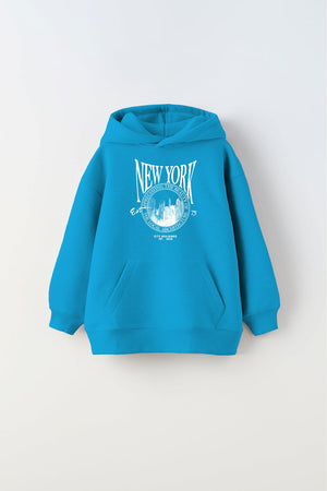 Kapüşonlu İçi Polar New York Yazı Baskılı Mavi Unisex Çocuk Hoodie Sweatshirt