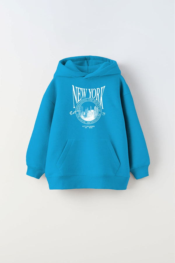 Kapüşonlu İçi Polar New York Yazı Baskılı Mavi Unisex Çocuk Hoodie Sweatshirt