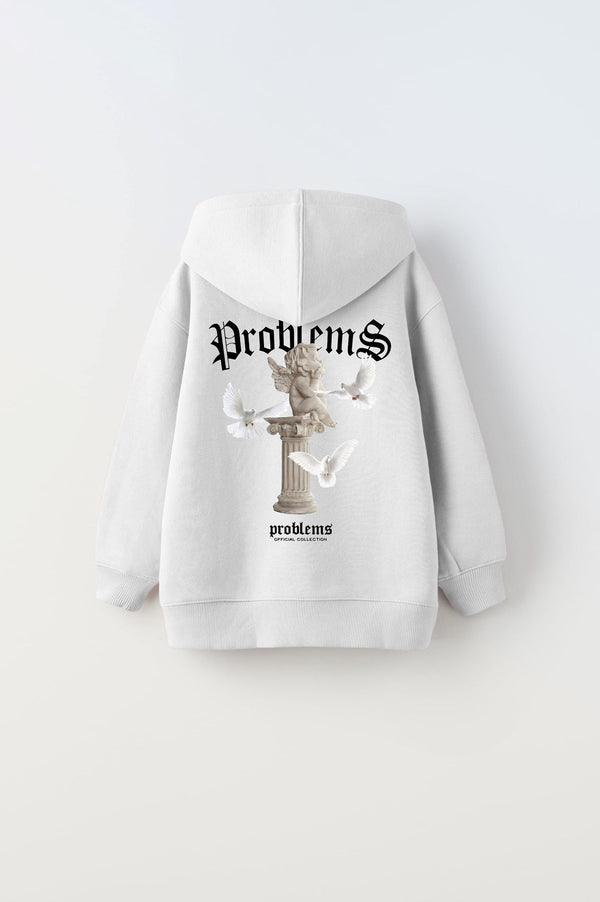 Kapüşonlu İçi Polar Problems Yazılı Heykel Baskılı Beyaz Unisex Çocuk Hoodie Sweatshirt