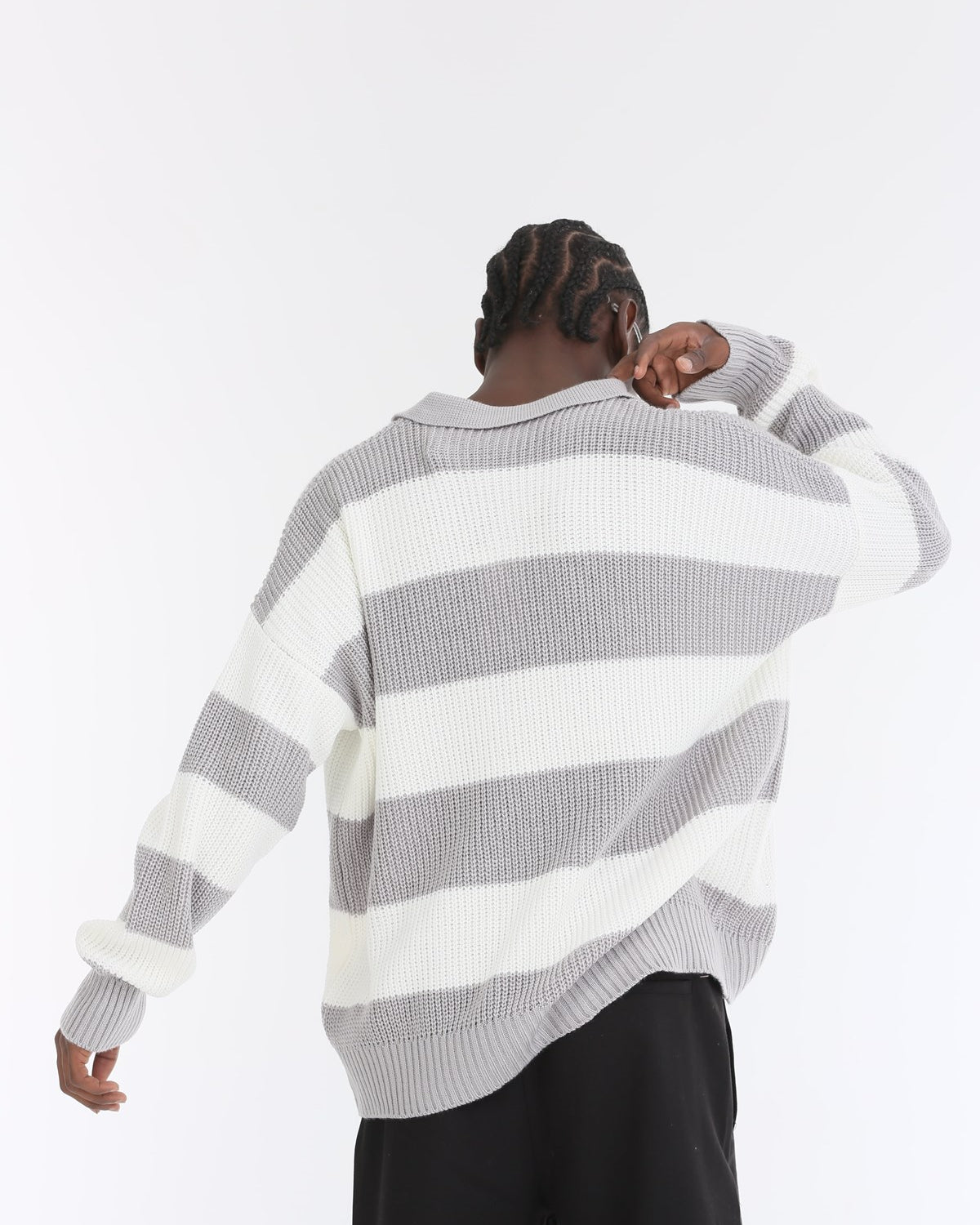 Polo Yaka Örme Triko Gri Çizgili Oversize Erkek Kazak