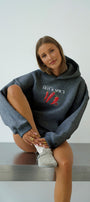 Kadın Oversize Sweatshirt Hoodie Hot & Spicy Baskılı Füme Melanj – Kapüşonlu, 3 İplik Şardonlu Polar