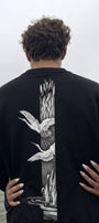 Erkek Oversize Sweatshirt Heron Line Baskılı Siyah – Bisiklet Yaka, 3 İplik Şardonlu Polar