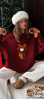 Kadın Oversize Sweatshirt Elbise Misha Mood Baskılı Bordo – Bisiklet Yaka, 3 İplik Şardonlu Polar