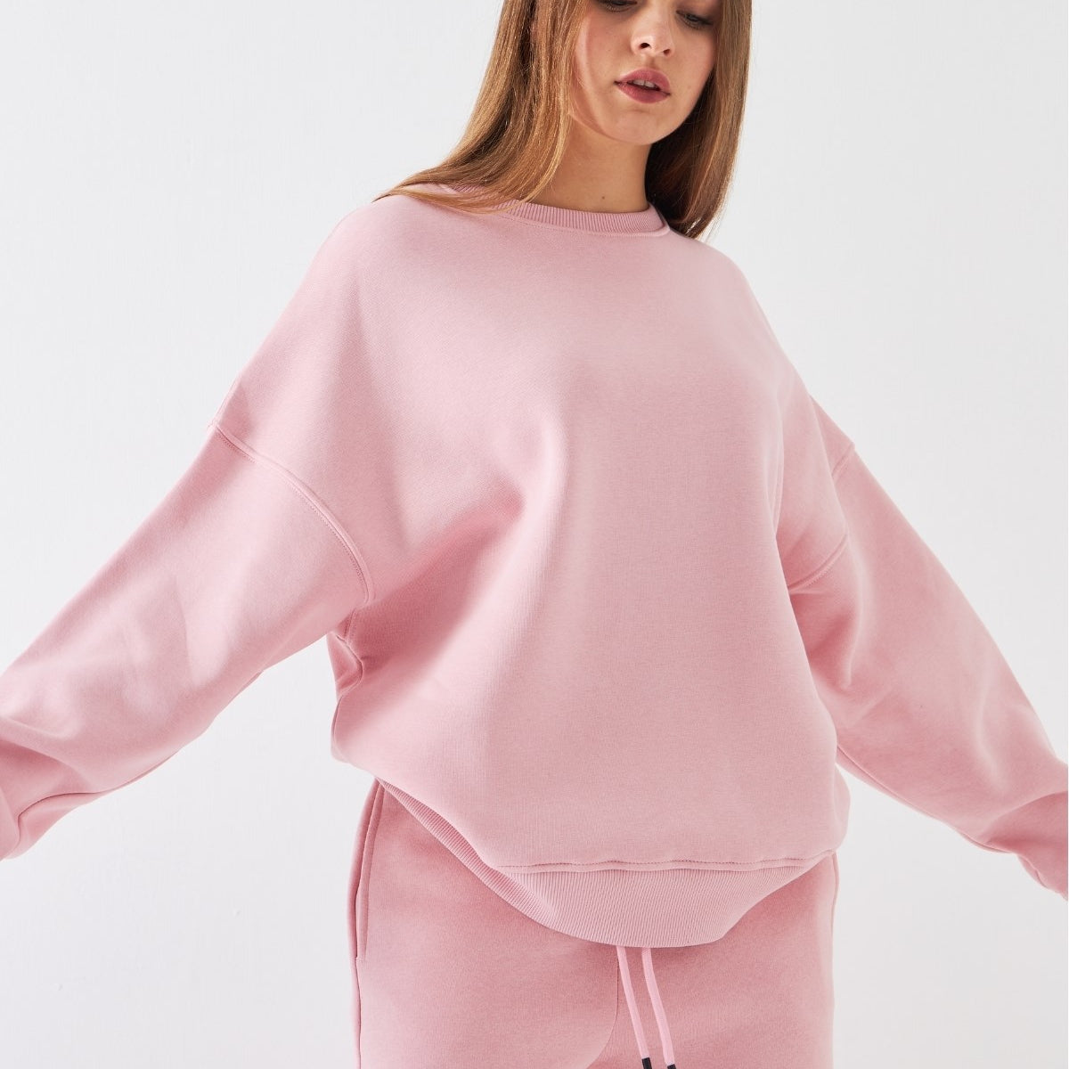 Unisex Oversize Sweatshirt Basic Pembe – Bisiklet Yaka, 3 İplik Şardonlu Polar
