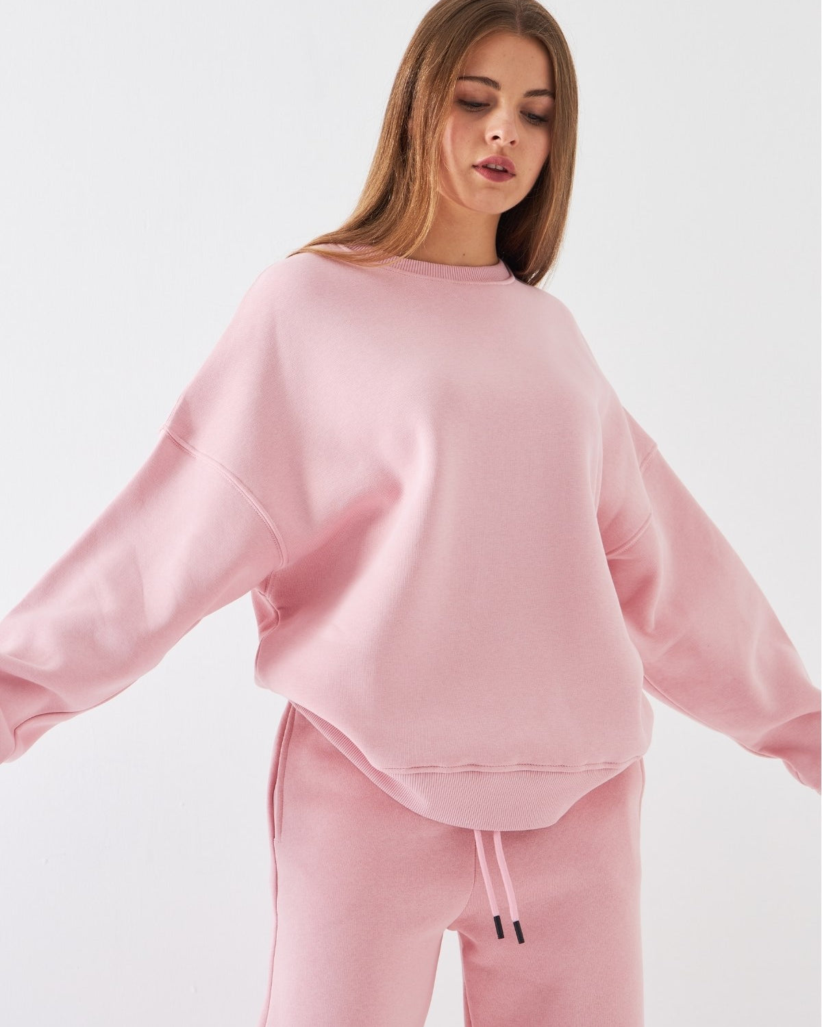 Unisex Oversize Sweatshirt Basic Pembe – Bisiklet Yaka, 3 İplik Şardonlu Polar