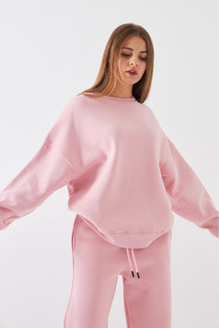 Unisex Oversize Sweatshirt Basic Pembe – Bisiklet Yaka, 3 İplik Şardonlu Polar