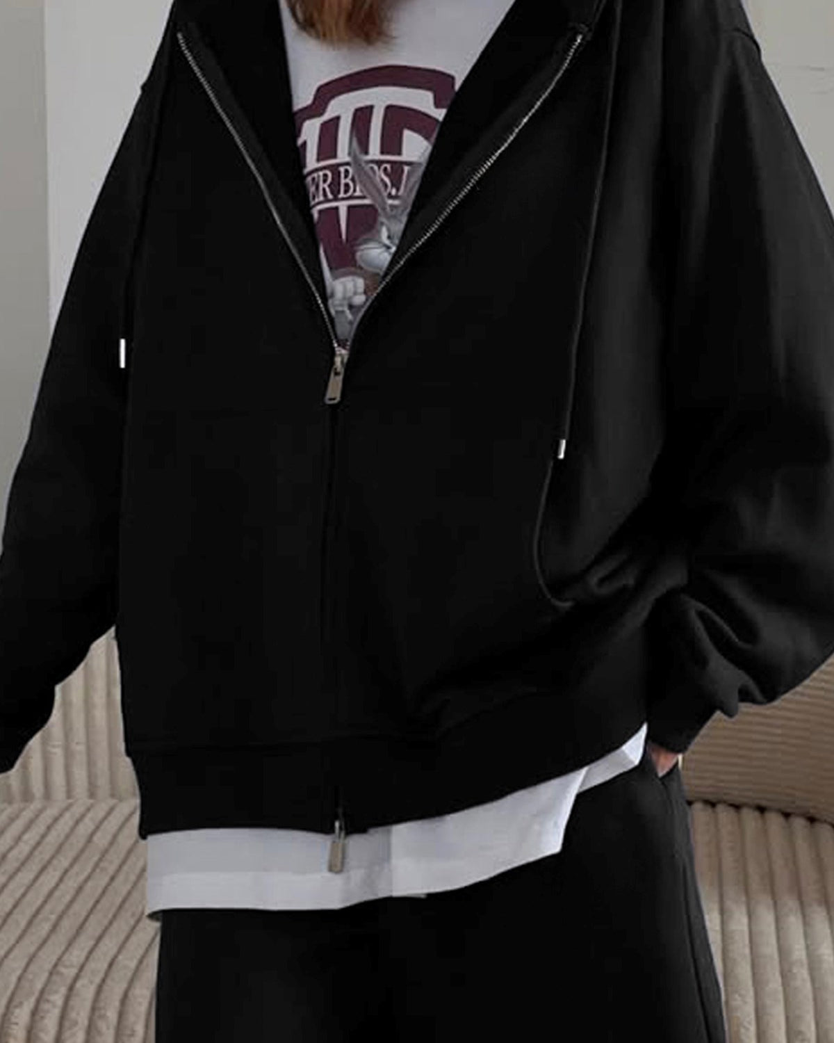 Kadın Oversize Eşofman Takımı Siyah – Kapüşonlu Fermuarlı, Şerit Detaylı, Bağcıklı Bel, Bol paça