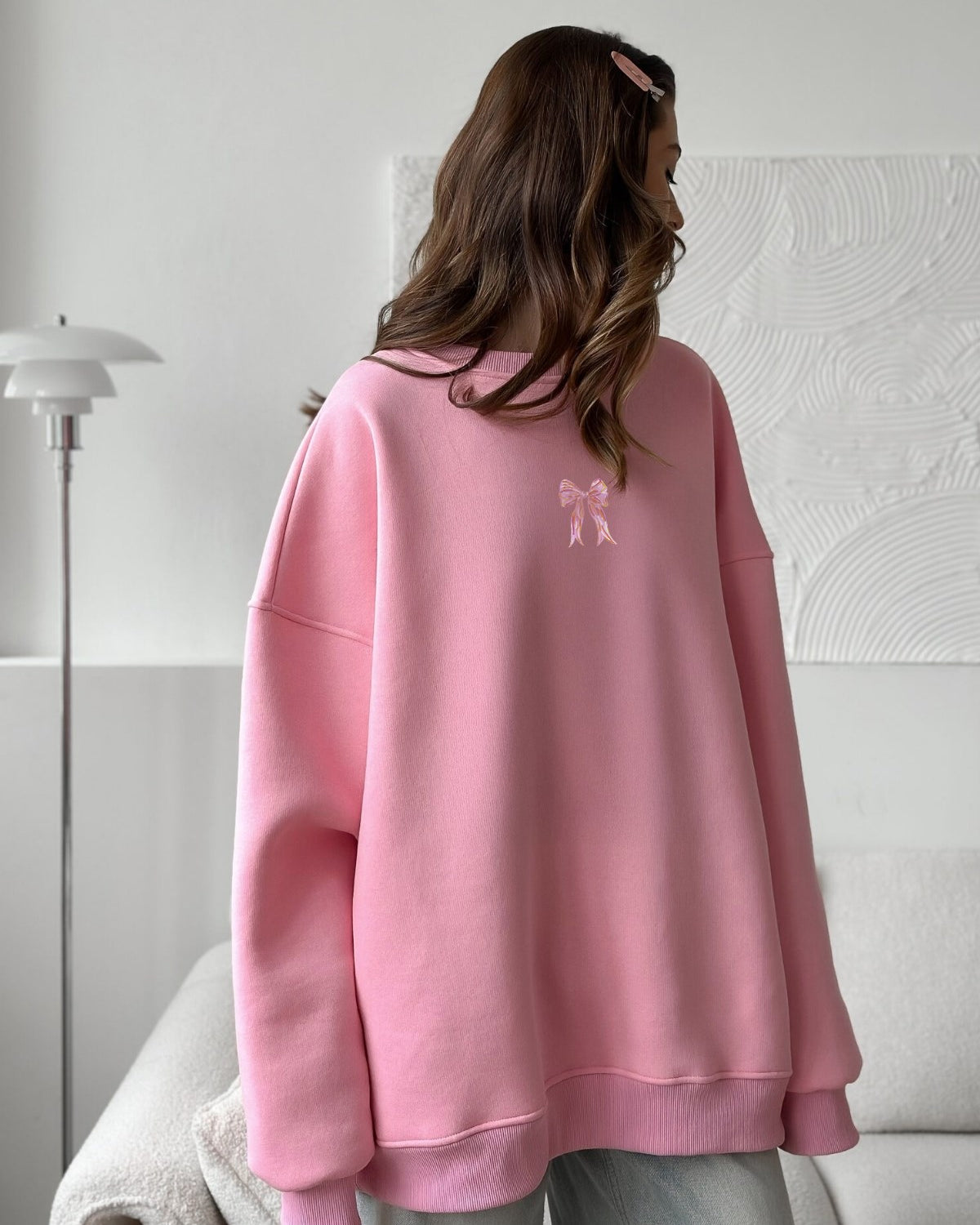 Kadın Oversize Sweat Elbise Pembe Kurdele Baskılı Pembe – Bisiklet Yaka, 3 İplik Şardonlu Polar