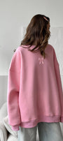 Kadın Oversize Sweat Elbise Pembe Kurdele Baskılı Pembe – Bisiklet Yaka, 3 İplik Şardonlu Polar