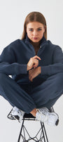 Unisex Oversize Sweatshirt Basic Marine – Yarım Fermuar Dik Yaka, 3 İplik Şardonlu Polar