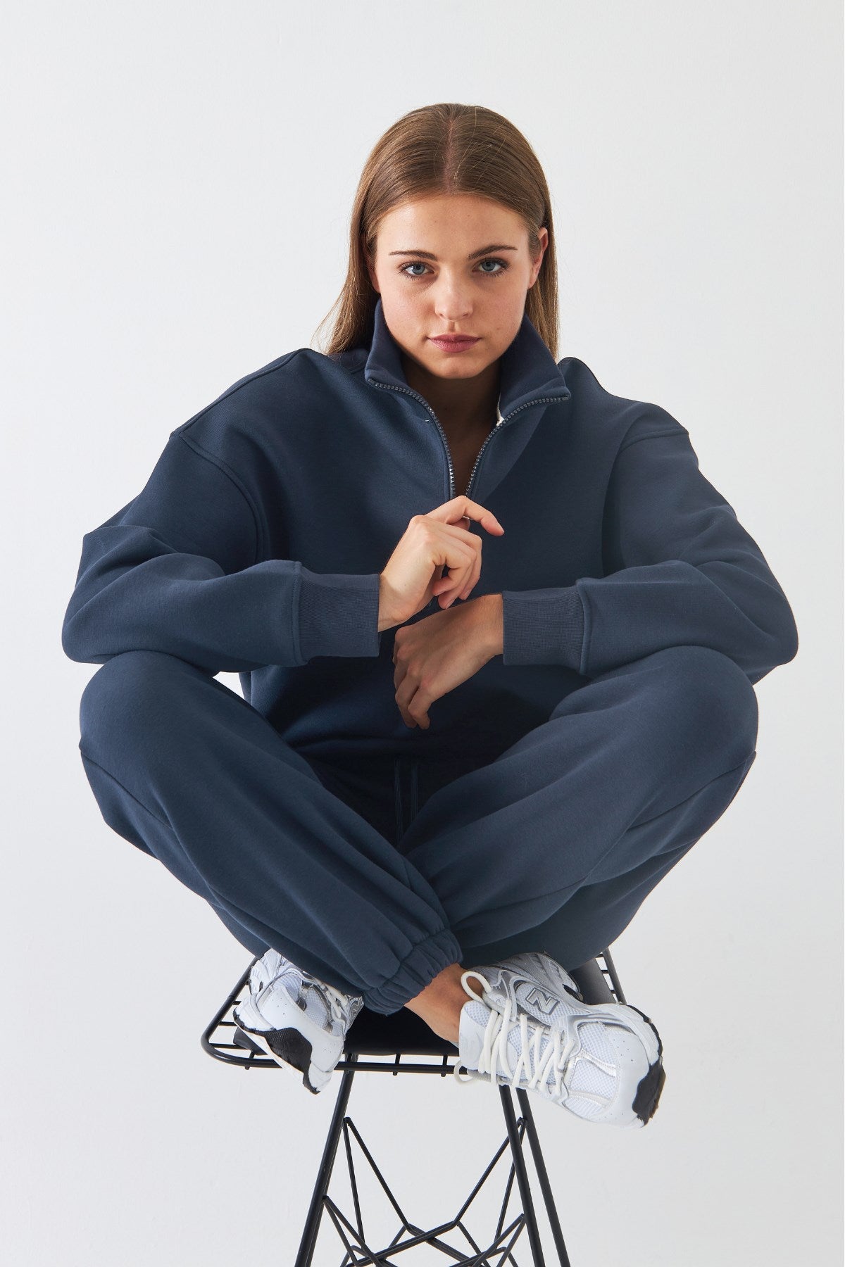 Unisex Oversize Sweatshirt Basic Marine – Yarım Fermuar Dik Yaka, 3 İplik Şardonlu Polar