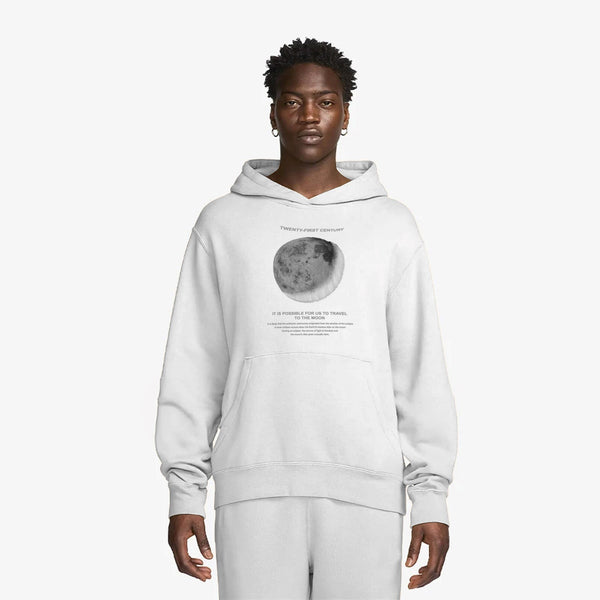 Kapüşonlu İçi Polar Moon Baskılı Beyaz Unisex Hoodie Sweatshirt