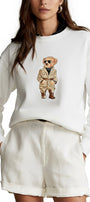 Kadın Oversize Sweatshirt Trench Bear Baskılı Beyaz – Bisiklet Yaka, 3 İplik Şardonlu