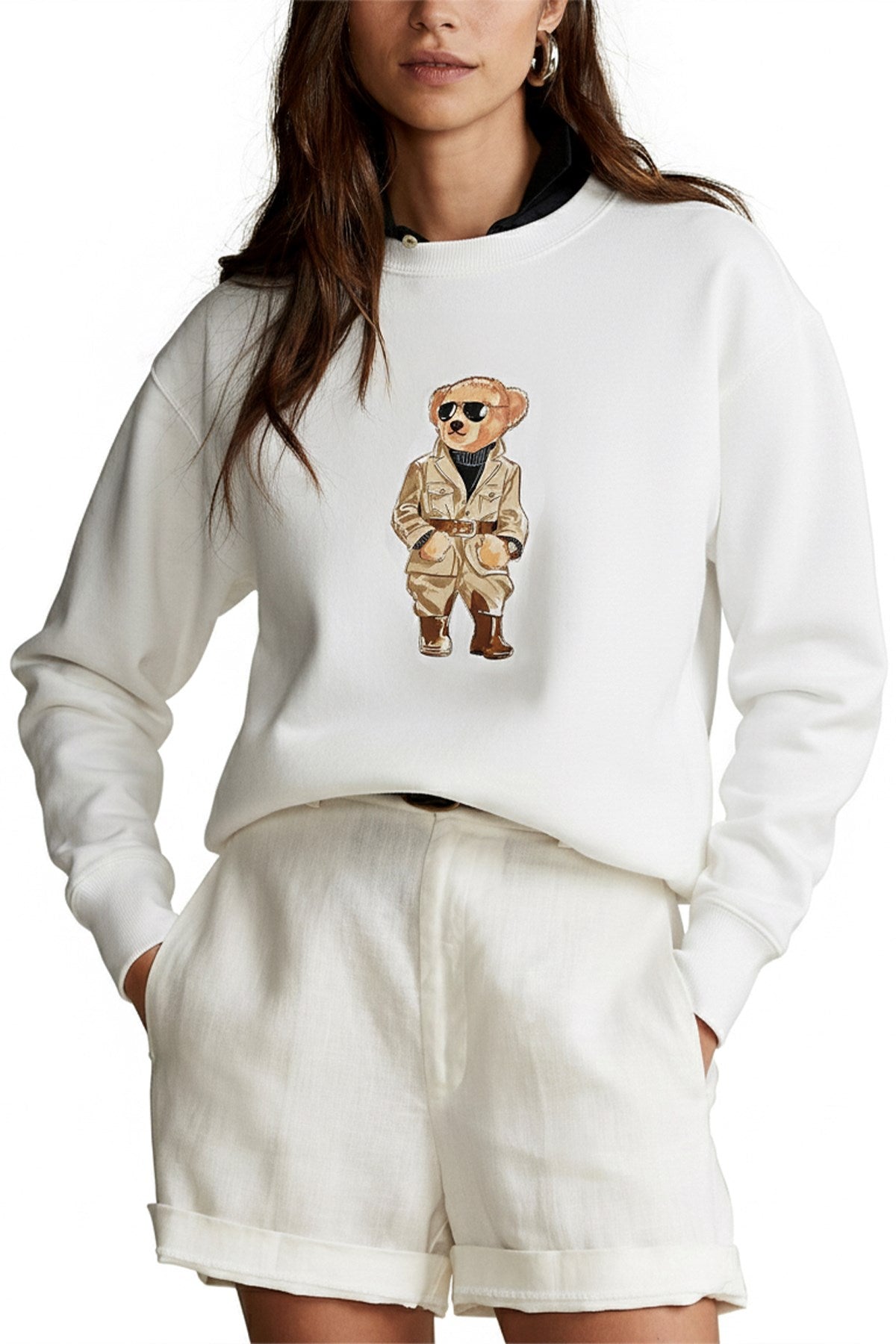 Kadın Oversize Sweatshirt Trench Bear Baskılı Beyaz – Bisiklet Yaka, 3 İplik Şardonlu