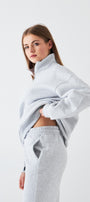 Unisex Oversize Sweatshirt Basic Gri – Yarım Fermuar Dik Yaka, 3 İplik Şardonlu Polar