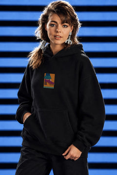 Kadın Oversize Hoodie Seventies Party Baskılı Siyah - Kapüşonlu, Kanguru Cepli, 3 İplik Polar