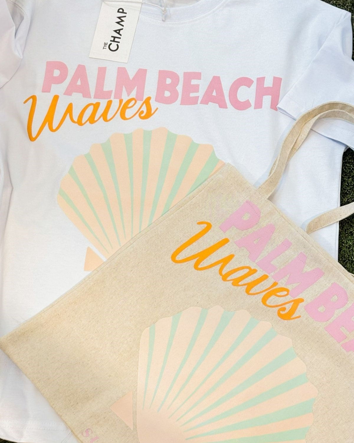 Deniz ve Sahil Temalı Palm Beach Waves Oversize Kadın T-Shirt & Bez Çanta Seti