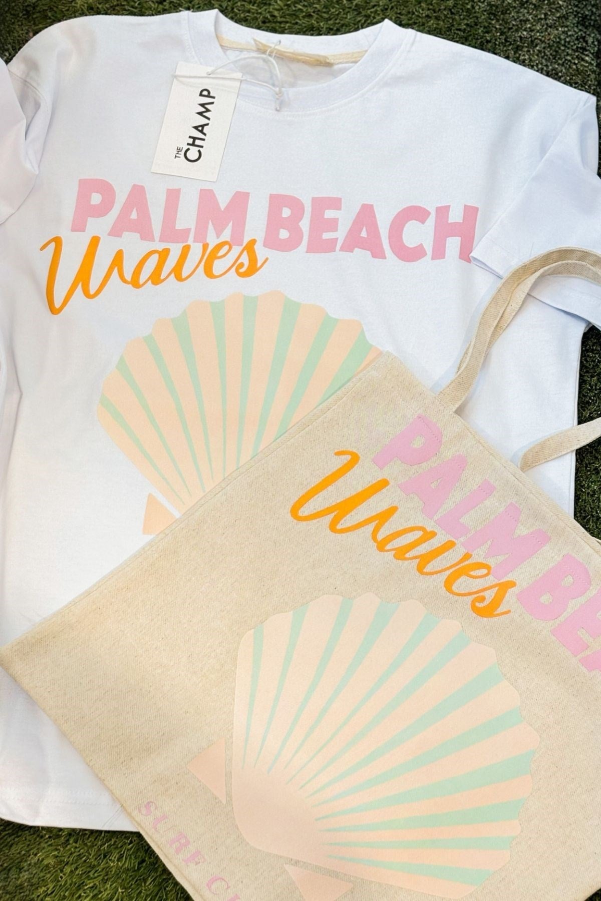 Deniz ve Sahil Temalı Palm Beach Waves Oversize Kadın T-Shirt & Bez Çanta Seti