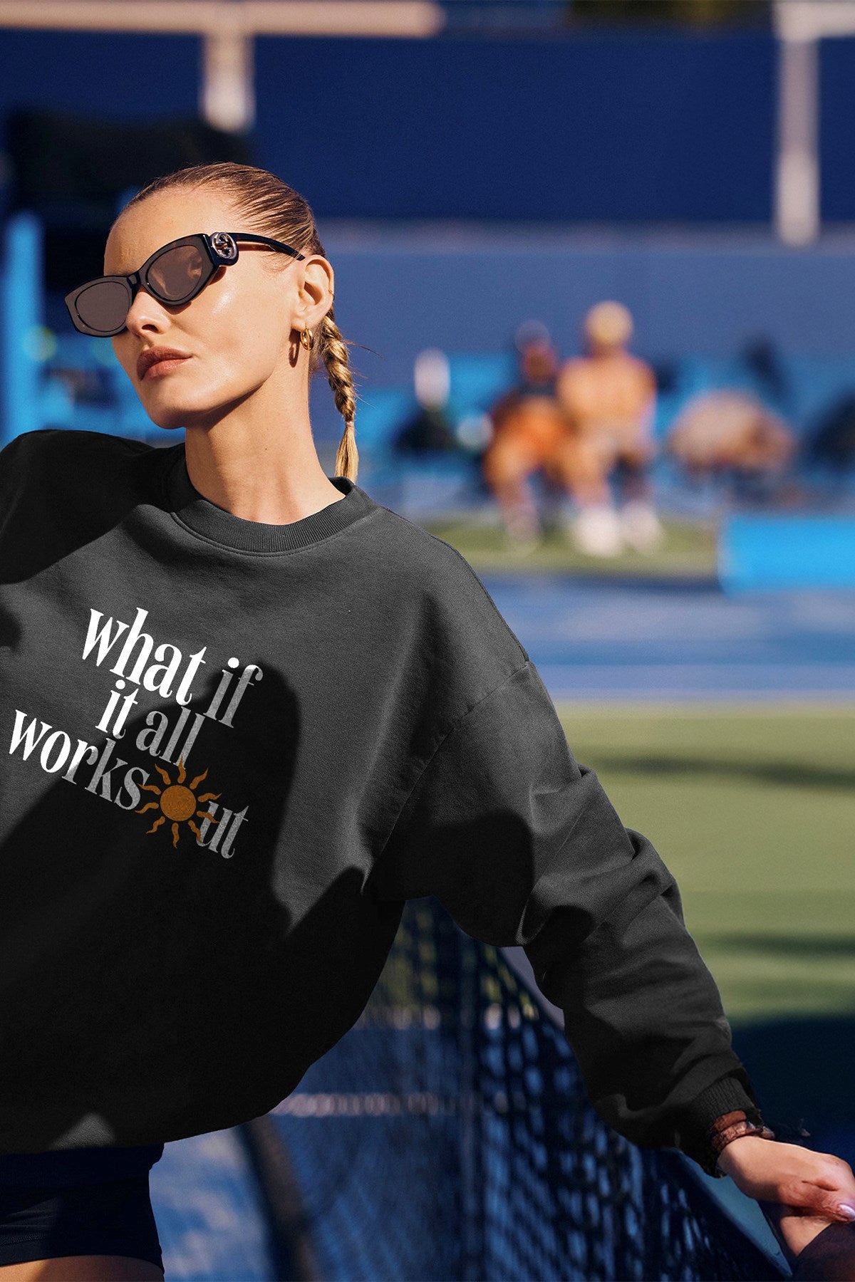 Kadın Oversize Sweatshirt What If  Baskılı Füme Konsept – Bisiklet Yaka, 3 İplik Şardonlu Polar