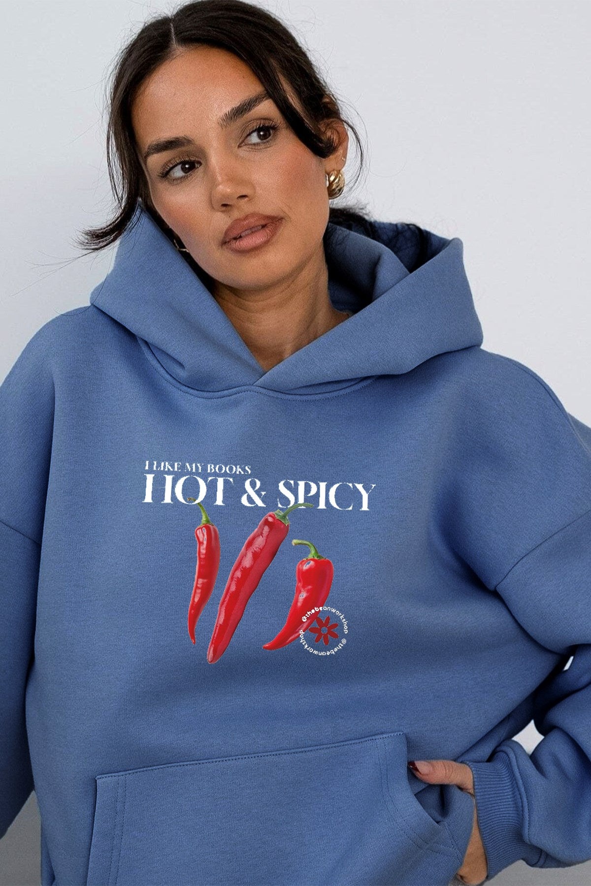 Kadın Oversize Sweatshirt Hoodie Hot & Spicy Baskılı Marine – Kapüşonlu, 3 İplik Şardonlu Polar