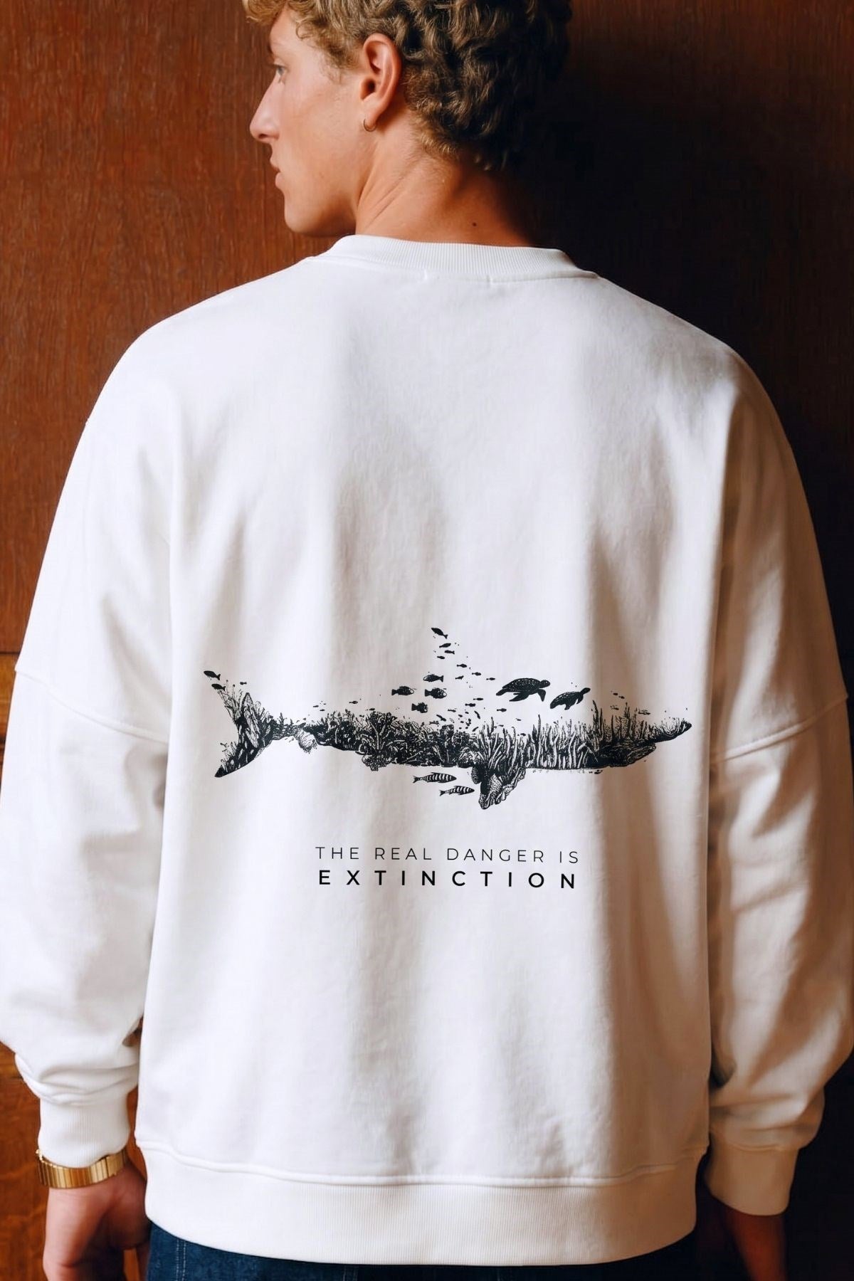 Erkek Oversize Sweatshirt Extinction Baskılı Beyaz – Bisiklet Yaka, 3 İplik Şardonlu Polar
