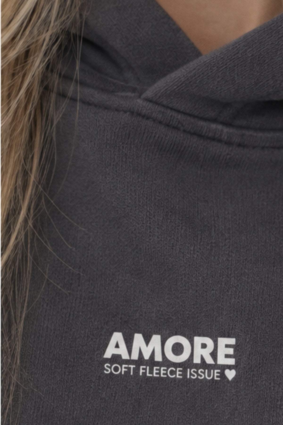 Kadın Oversize Hoodie Amore Baskılı Füme – Kapüşonlu, Kanguru Cepli, 3 İplik Şardonlu Polar