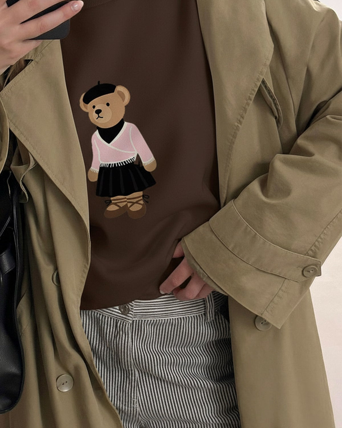 Kadın Oversize Sweatshirt Ballerina Bear Baskılı Kahverengi – Bisiklet Yaka, 3 İplik Şardonlu Polar