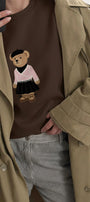 Kadın Oversize Sweatshirt Ballerina Bear Baskılı Kahverengi – Bisiklet Yaka, 3 İplik Şardonlu Polar