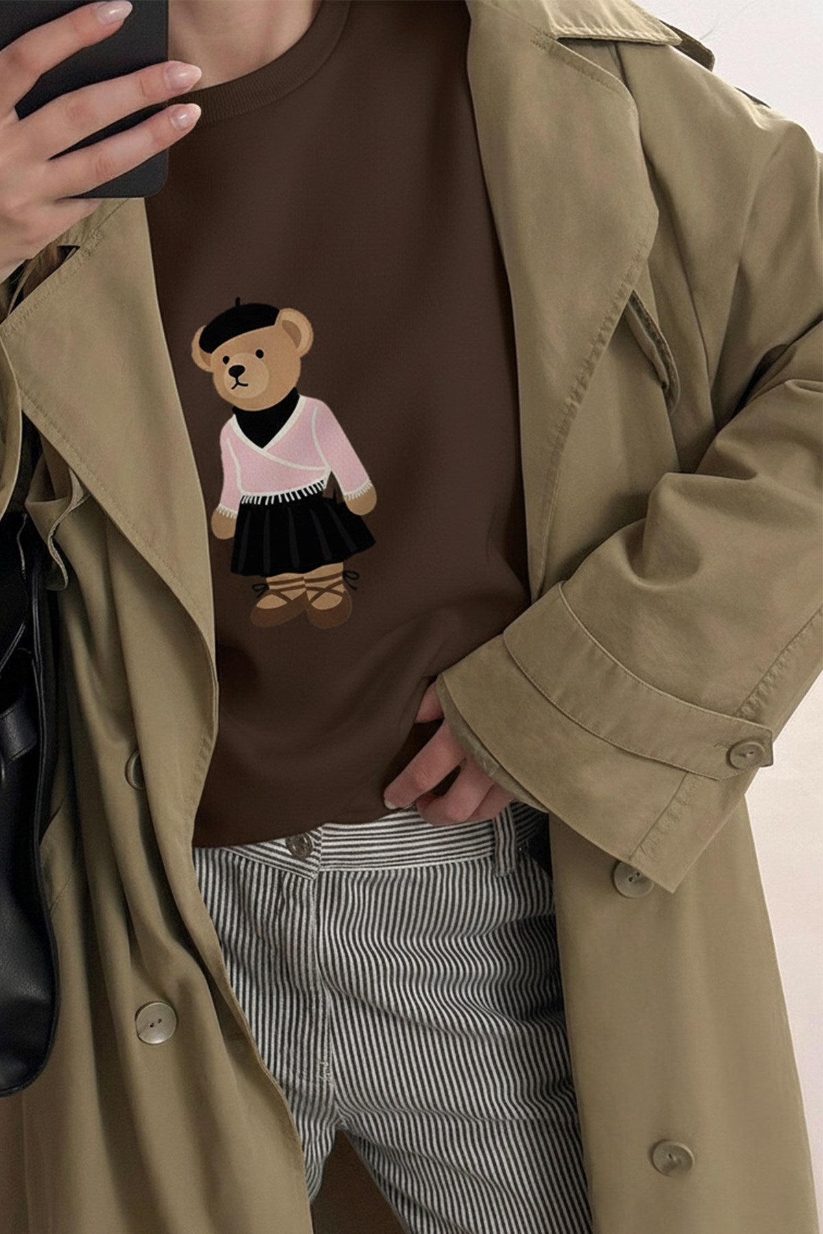 Kadın Oversize Sweatshirt Ballerina Bear Baskılı Kahverengi – Bisiklet Yaka, 3 İplik Şardonlu Polar