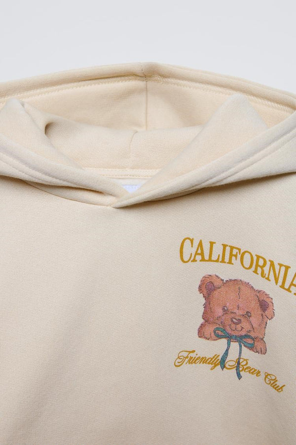 Bej Çocuk Ayıcık Baskılı California Friendly Bear Club Yazılı Kanguru Cepli Oversize Kapüşonlu Sweat