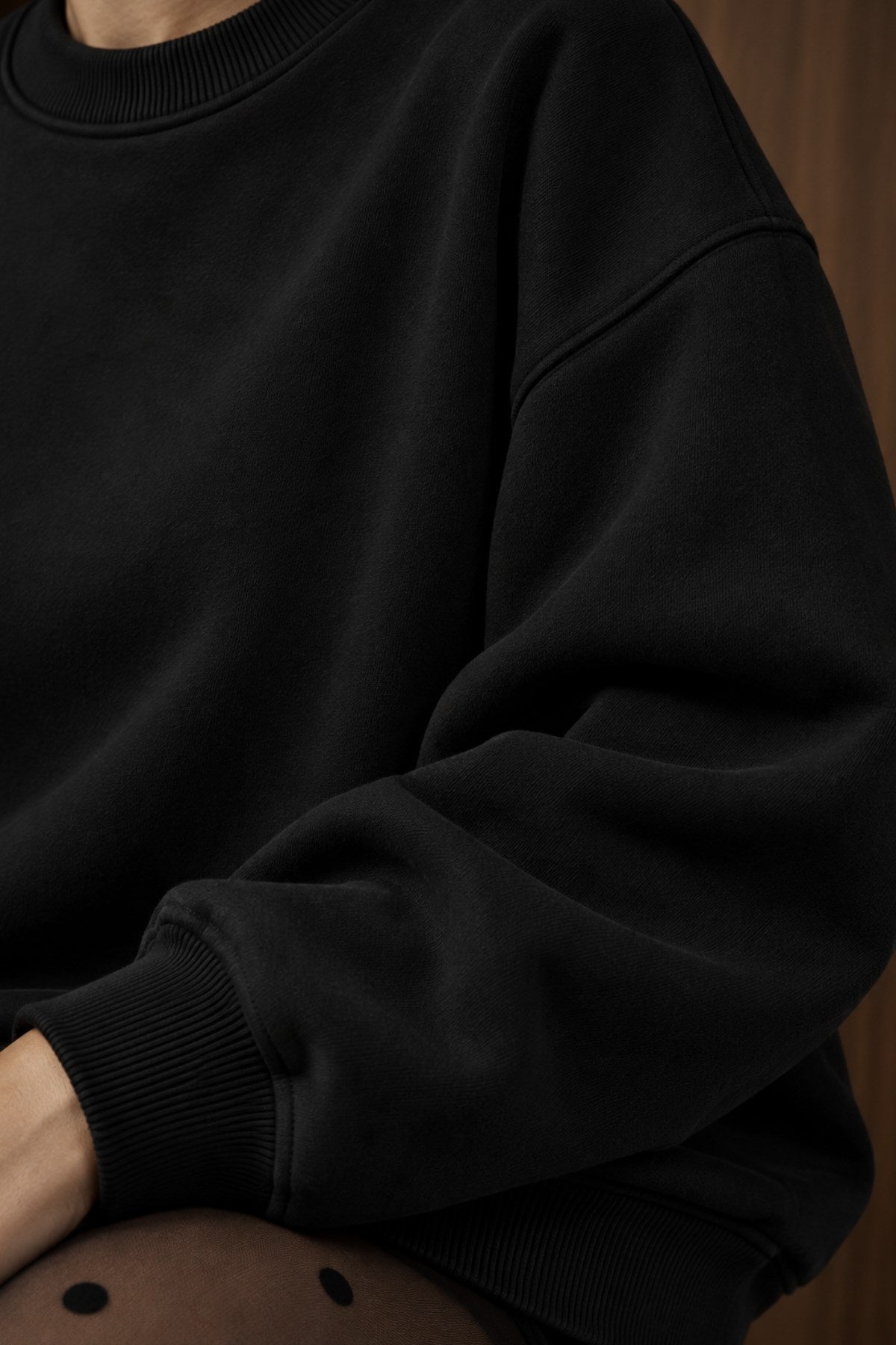 Kadın Oversize Sweatshirt Wellness Baskılı Siyah – Bisiklet Yaka, 3 İplik Şardonlu Polar, Düşük Omuz