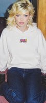 Kadın Oversize Hoodie 90’s Vibe Baskılı Beyaz - Kapüşonlu, Kanguru Cepli, 3 İplik Polar