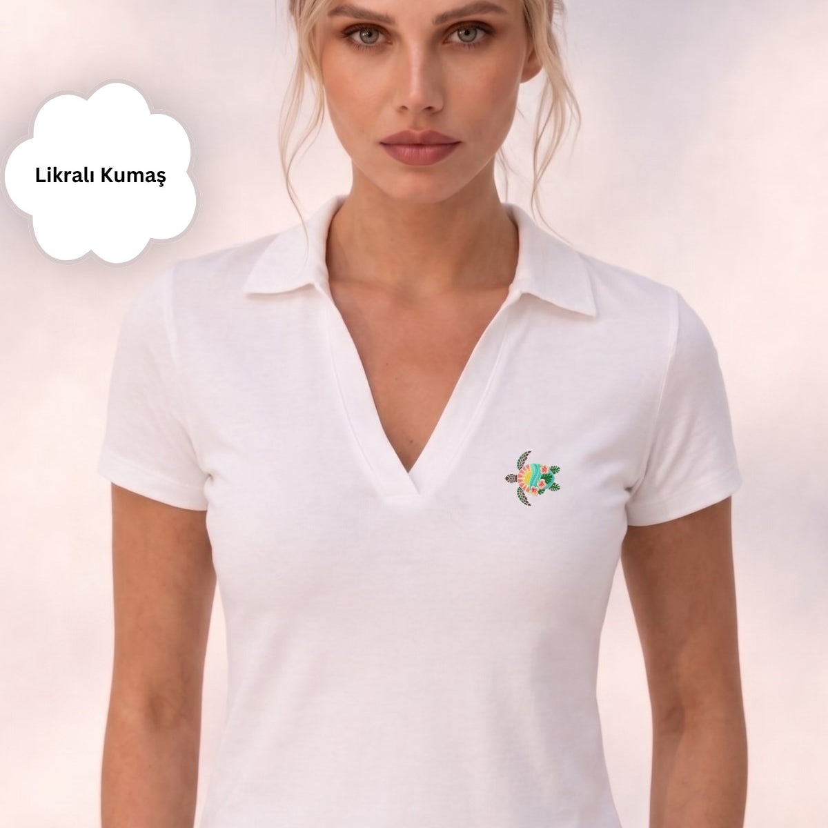 Kadın Tropica Turtle Polo Yaka Basic Tişört Beyaz – %100 Pamuk, Kısa Kollu, Likralı Rahat Kalıp Bluz