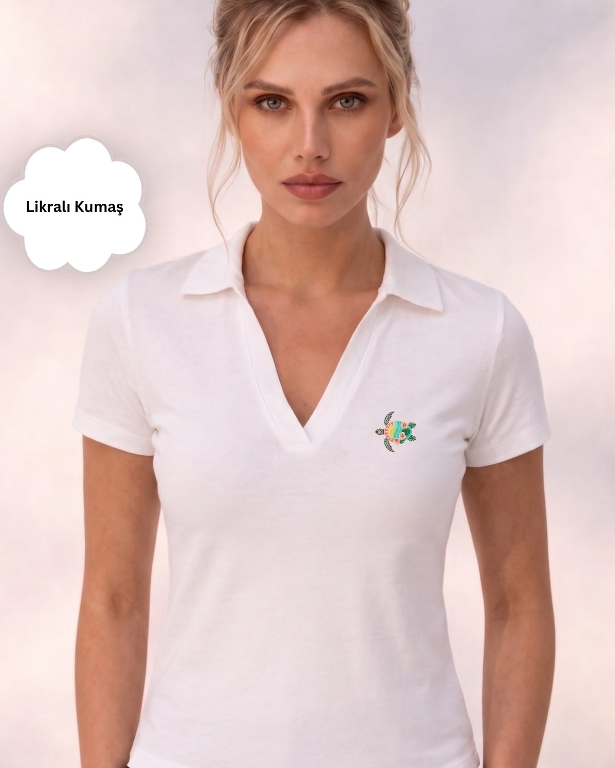 Kadın Tropica Turtle Polo Yaka Basic Tişört Beyaz – %100 Pamuk, Kısa Kollu, Likralı Rahat Kalıp Bluz