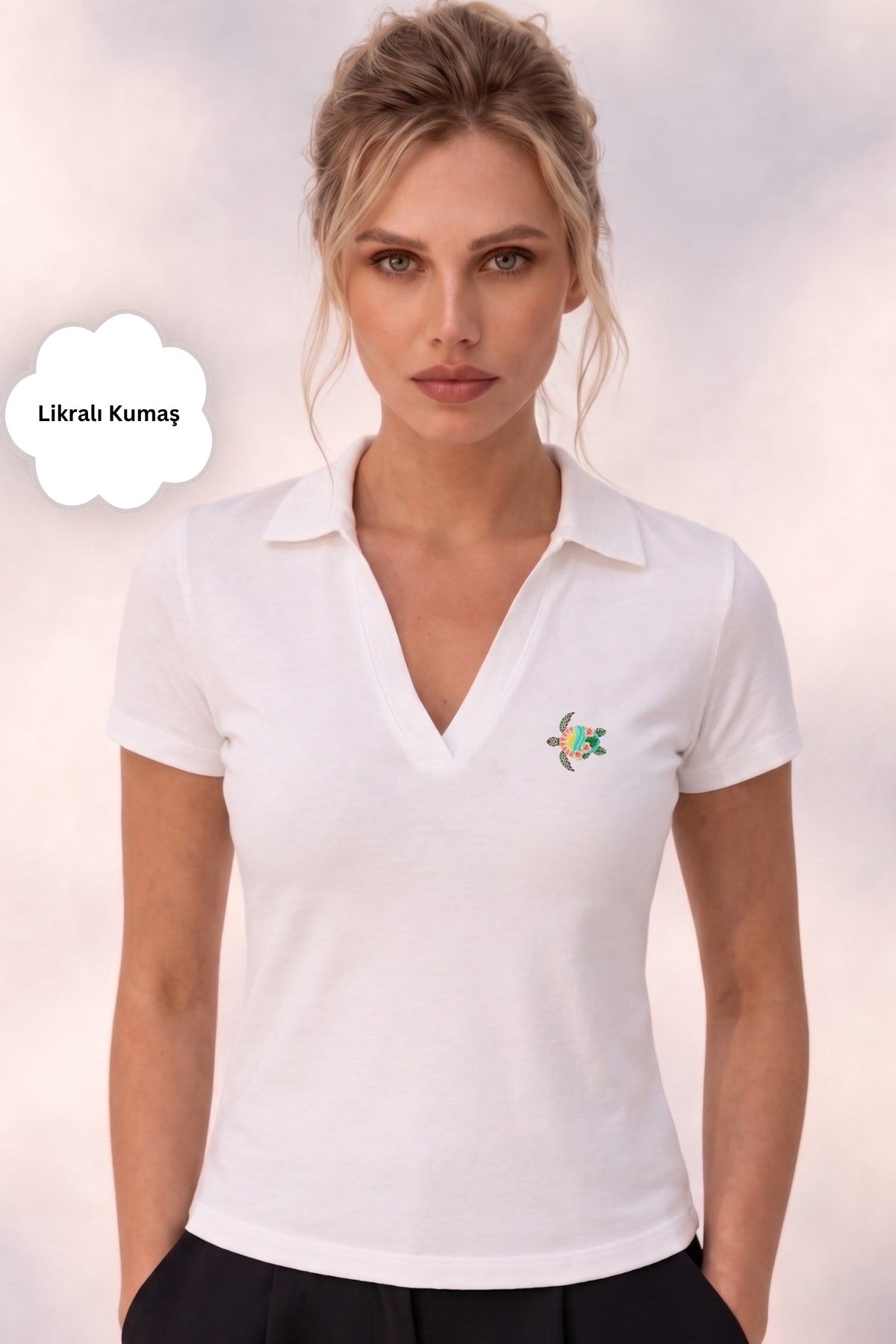 Kadın Tropica Turtle Polo Yaka Basic Tişört Beyaz – %100 Pamuk, Kısa Kollu, Likralı Rahat Kalıp Bluz