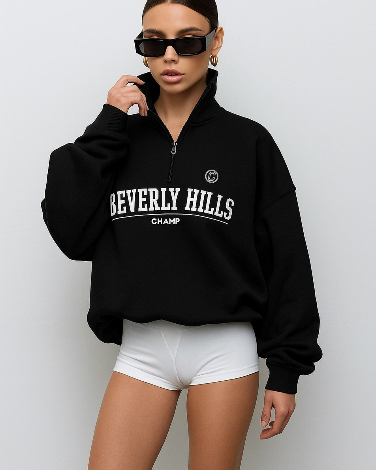 Kadın Siyah Beverly Hills Yazılı Fermuarlı Yarım Balıkçı Yaka Sweatshirt – Rahat Oversize