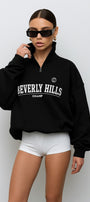 Kadın Siyah Beverly Hills Yazılı Fermuarlı Yarım Balıkçı Yaka Sweatshirt – Rahat Oversize