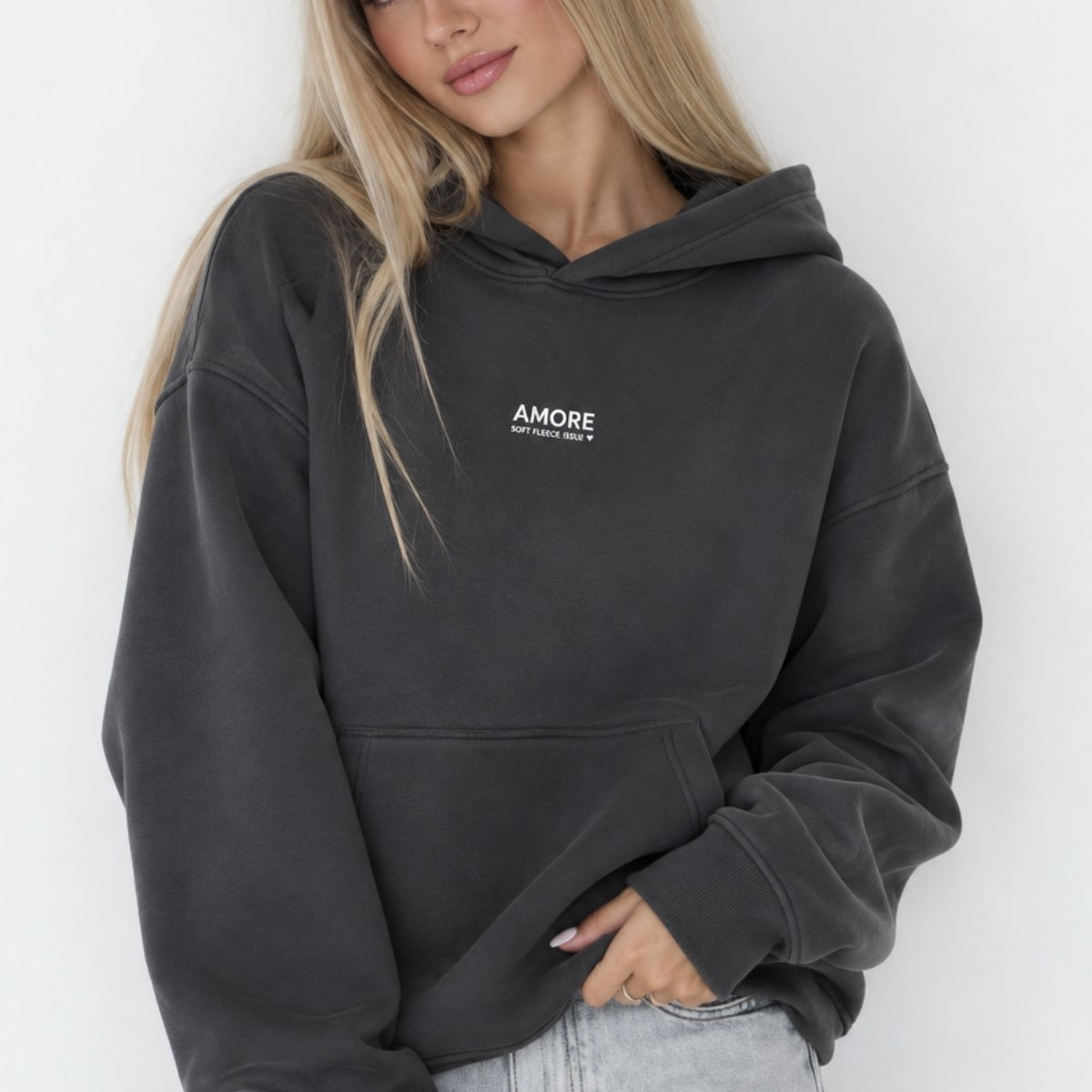 Kadın Oversize Hoodie Amore Baskılı Füme – Kapüşonlu, Kanguru Cepli, 3 İplik Şardonlu Polar