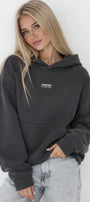 Kadın Oversize Hoodie Amore Baskılı Füme – Kapüşonlu, Kanguru Cepli, 3 İplik Şardonlu Polar