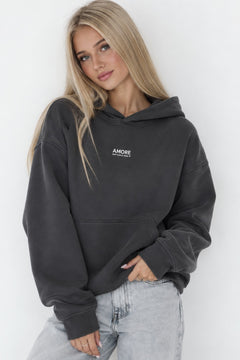 Kadın Oversize Hoodie Amore Baskılı Füme – Kapüşonlu, Kanguru Cepli, 3 İplik Şardonlu Polar