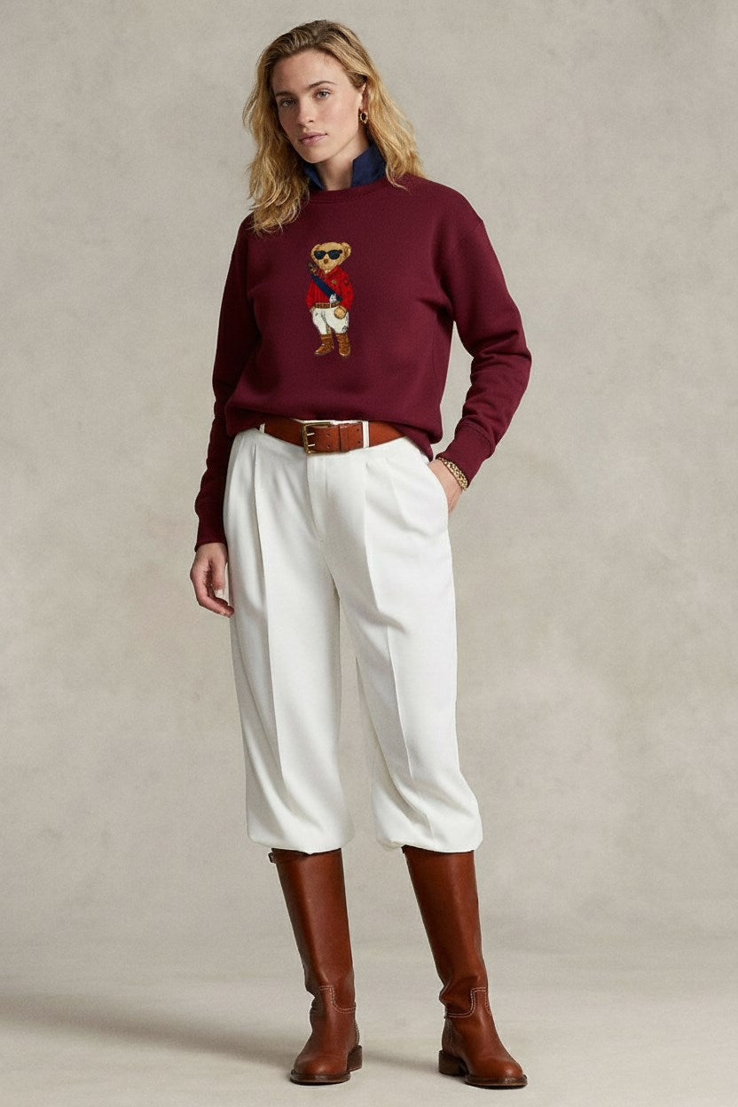 Kadın Oversize Sweatshirt Regatta Bear Baskılı Bordo – Bisiklet Yaka, 3 İplik Şardonlu