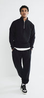 Erkek Siyah Yarım Fermuarlı Sweatshirt 3 İplik Şardonlu Oversize Kesim