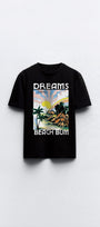 Dreams Beach Bum Yazılı Manzara Tasarım Baskılı Siyah Çocuk T-shirt