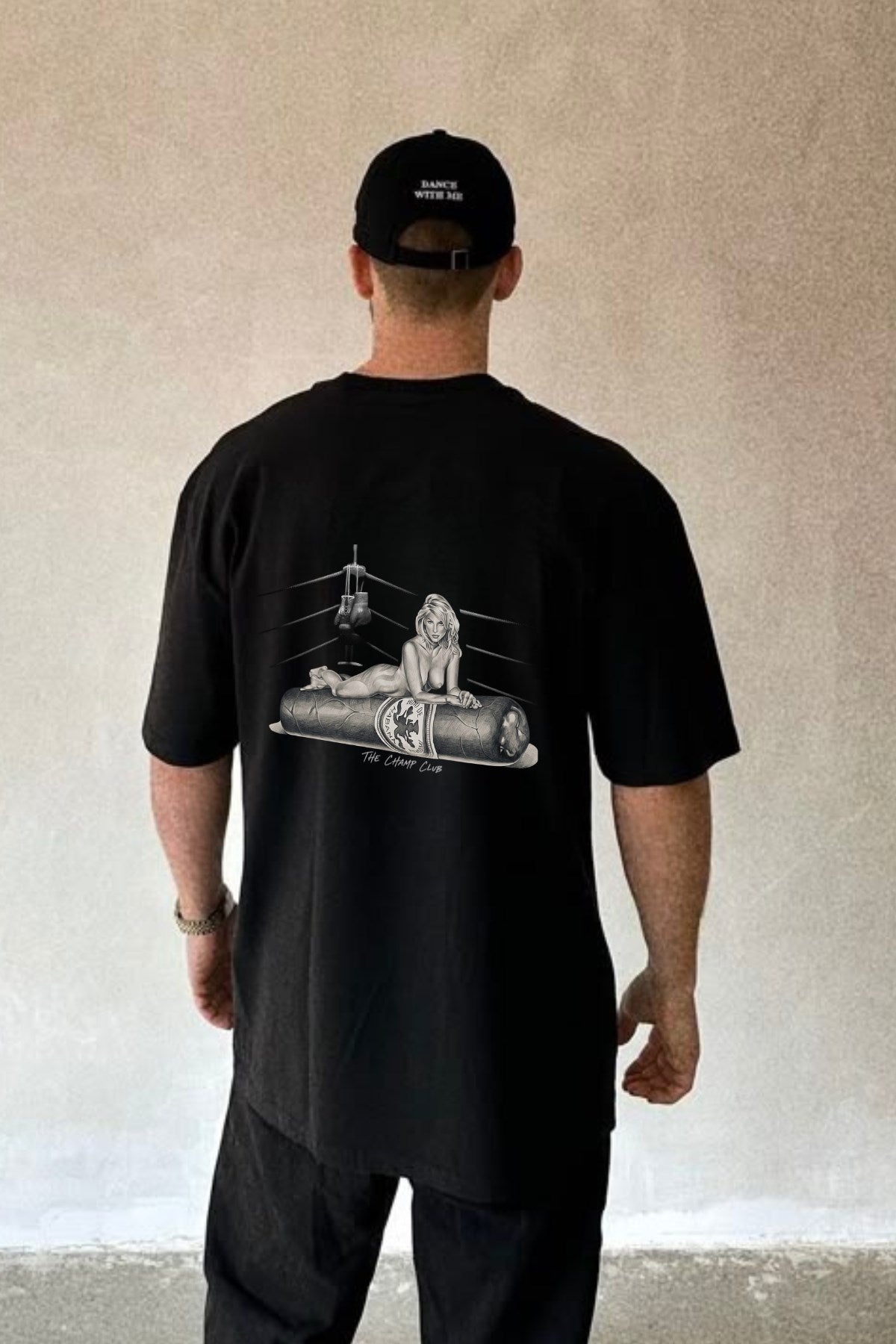 Erkek  Oversize Tişört Ring Spirit Baskılı Siyah – Bisiklet Yaka, Rahat Kalıp, %100 Pamuk