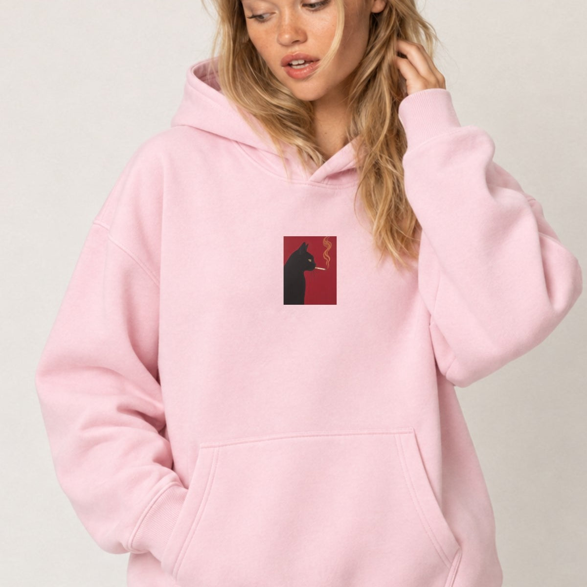 Kadın Oversize Hoodie Noir Cat Baskılı Pembe – Kapüşonlu, Kanguru Cepli, 3 İplik Şardonlu Polar